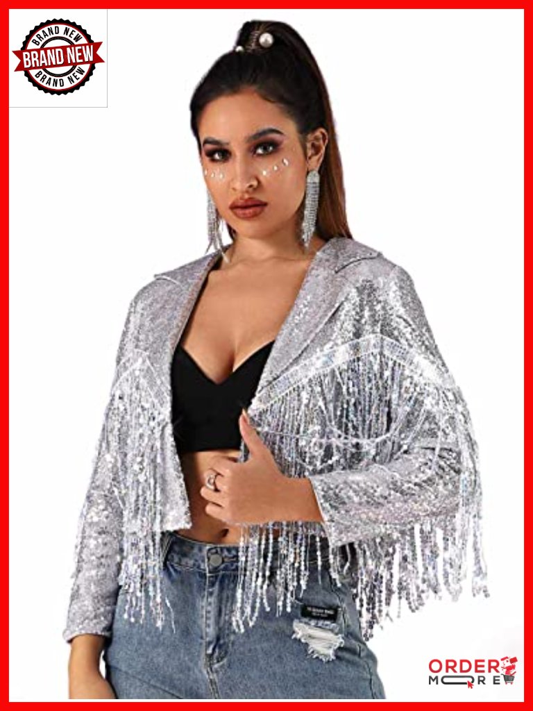 Sequined Fringe Bomber Jacket Crop Tassel Coat Concert Rave Disco Theme